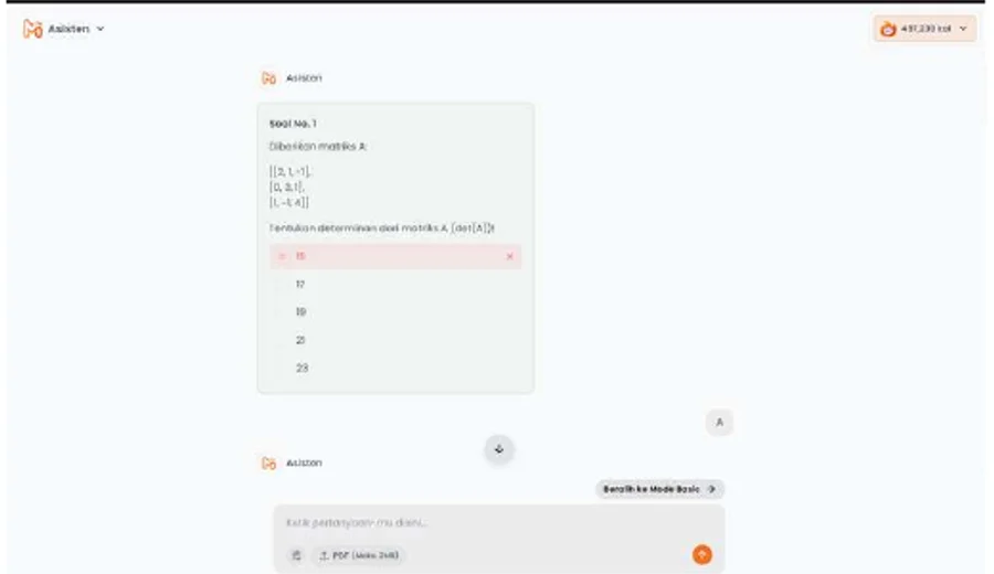 AI learning assistant responding to a mathematics exercise