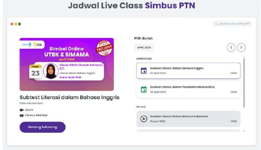 Live-class schedule showing upcoming and completed learning events